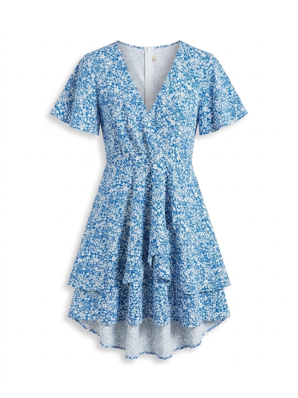 Hao Meili Blue Floral Ruffle Mini Swing Skater Dresses - Picture 2 of 9